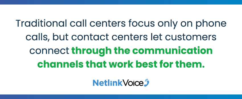 Traditional call centers focus only on phone calls, but contact centers let customers connect through the communication channels that work best for them.